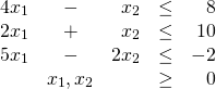 \[ \begin{array}{rcrcr} 4 x_1 &-& x_2 &\leq& 8 \\ 2 x_1 &+& x_2 &\leq& 10 \\ 5 x_1 &-& 2 x_2 &\leq& - 2 \\ &x_1,x_2& &\geq& 0 \end{array} \]